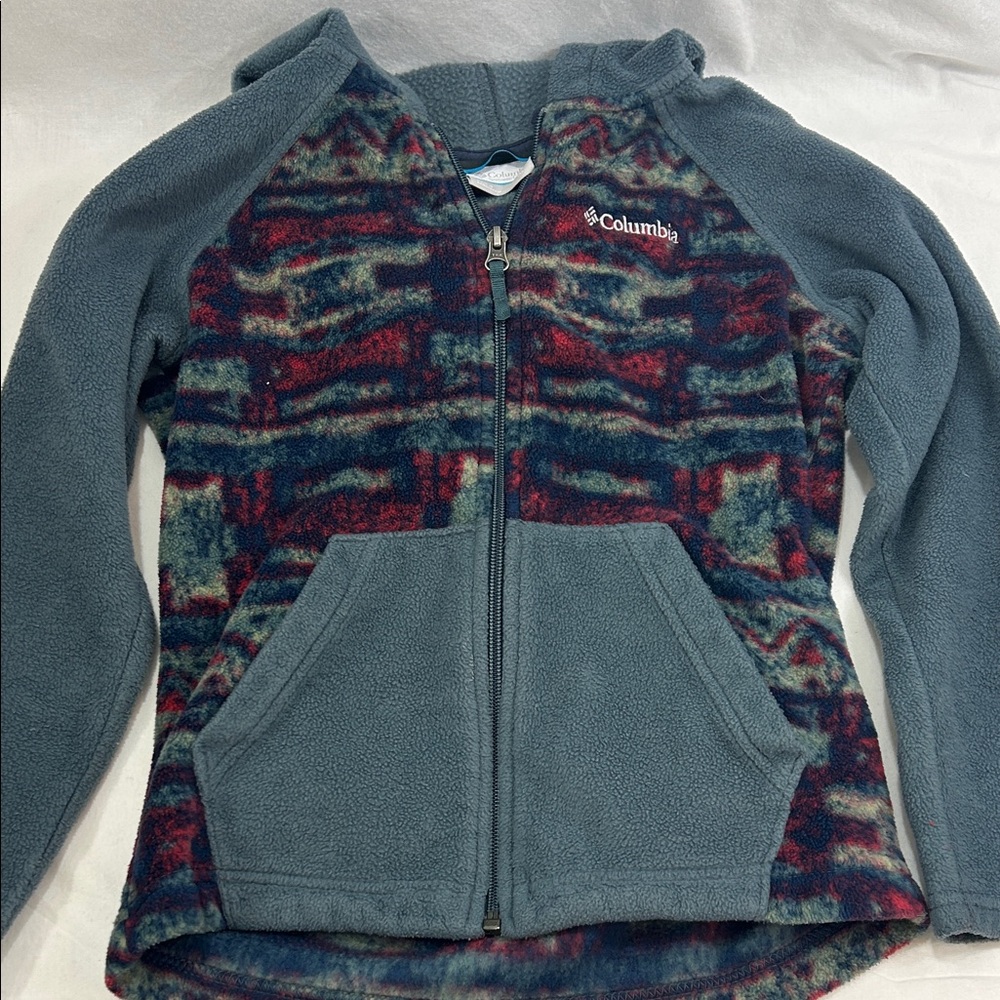 Columbia Kids Fleece Gray Blue and Red Southwest Patterned Zip Up Hoodie Jacket
